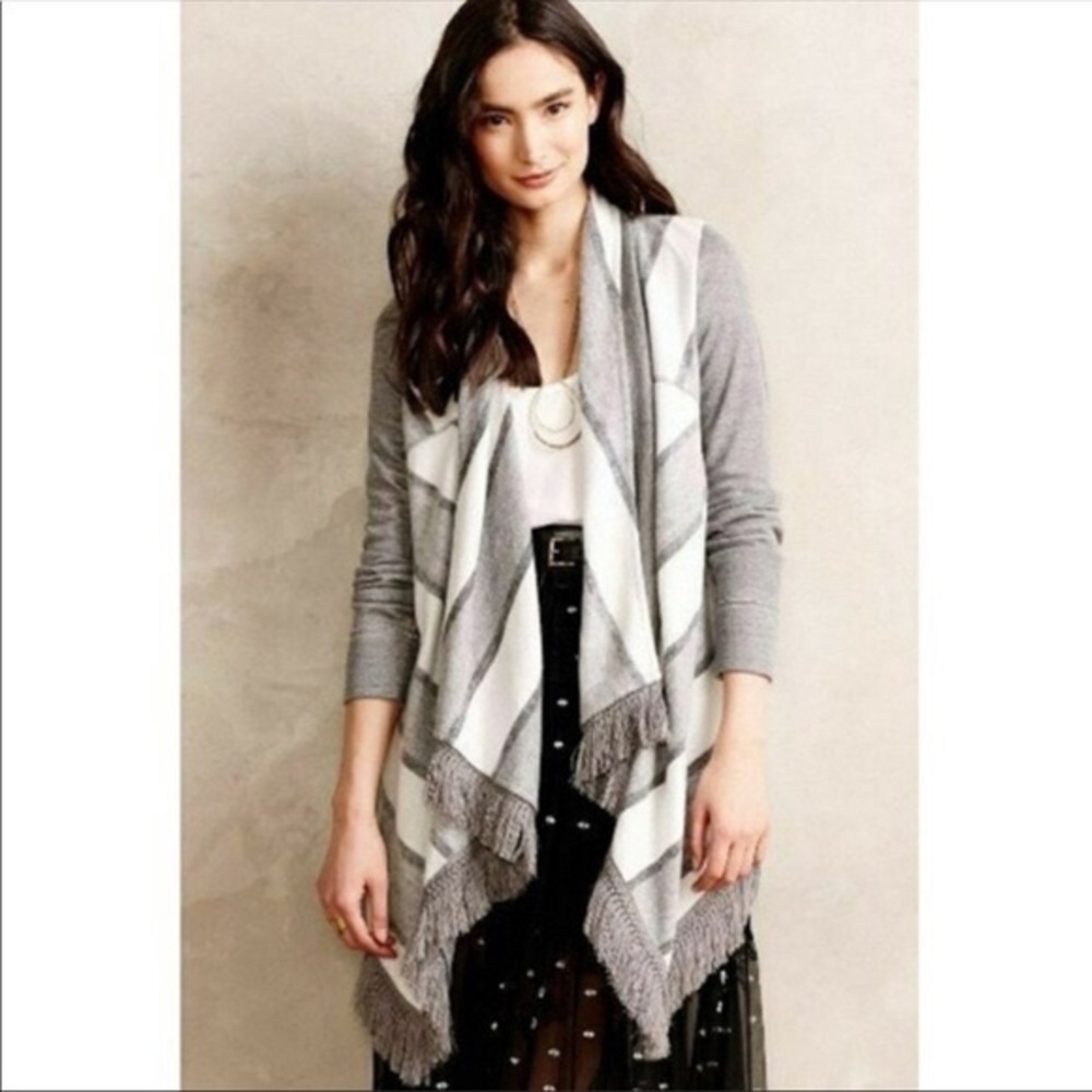 Saturday Sunday Anthropologie Elise Gray Striped Fringe Cardigan Women’s Size M